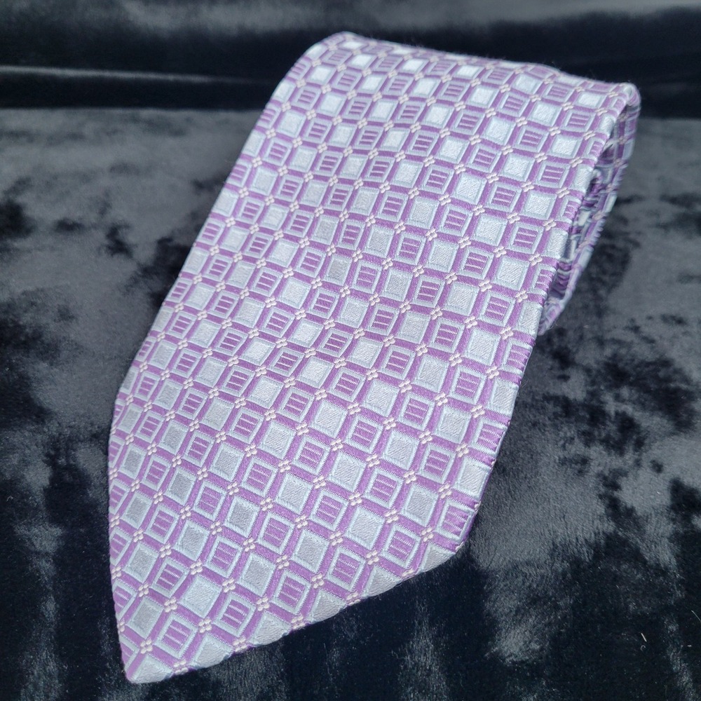 Faconnable 100% Silk Tie – Purple And Gray – Geometric‎ Pattern, Made In France